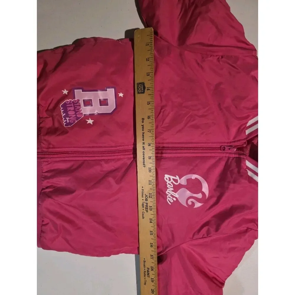 Barbie Bomber Jacket Girls 7/8 Button Up Varsity 59 Pink Youth Kids Coat